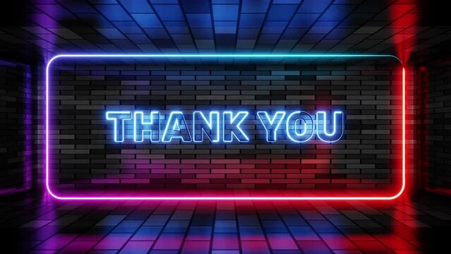 Neon sign thank you in speech bubble frame on brick wall background 3d render. Light banner on the wall background. Thank you loop gratitude and politeness, design template, night neon signboard