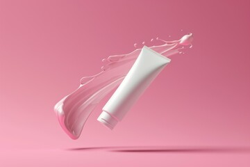 Horizontal image white blank tube of face cream flying on pink background. Natural cosmetics for skin care concept. Image for your design or mockup - 738628205