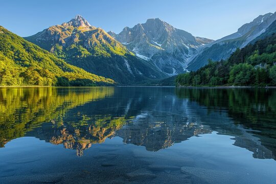 Serene lake reflecting the surrounding mountains, calm and peaceful nature landscape
