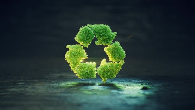 A recycling symbol composed of lush green translucent leaves that are backlit against a dark blue background. Concept of sustainable waste management and environmental friendliness. 3d rendering.