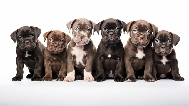 Large group of puppies on a white background. left to right, Yorkshire terrier,mixed breed boomer, pitbull terrier,chocolate labrador,French bulldog, dachshund,German shepherd and an English bulldog
