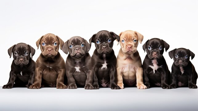 Large group of puppies on a white background. left to right, Yorkshire terrier,mixed breed boomer, pitbull terrier,chocolate labrador,French bulldog, dachshund,German shepherd and an English bulldog