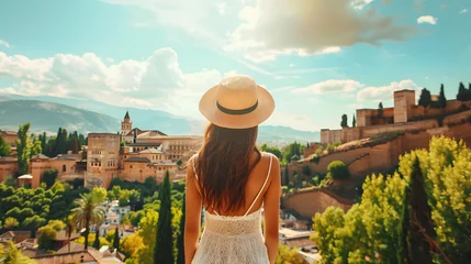 Foto op Canvas Beautiful tourist young woman walking in Granada city street on summer, Spain, tourism travel holiday vacations concept in Europe © BeautyStock