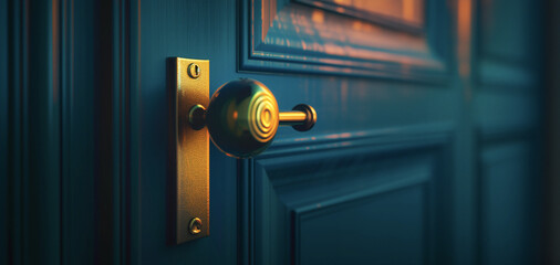 Close-up of a Vintage Blue Door with Golden Doorknob and Textures