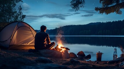 Night camping on shore. Man and woman hikers having a rest in front of tent at campfire under evening sky full of stars and Milky way on blue water and forest background. Outdoor lifestyle concept - obrazy, fototapety, plakaty