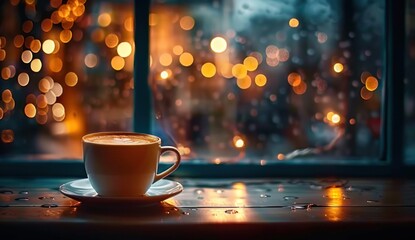 Coffee cup on wooden window sill in home setting epitomizing cozy morning or relaxing break capturing essence of a warm inviting lifestyle with freshly hot comfort of home with aroma and taste of cafe