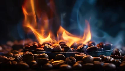Rolgordijnen Roasting coffee beans capturing essence of rich aroma and taste close up view of transformation from green to brown art of turning raw beans into beverage for espresso cappuccino and morning coffee © Bussakon
