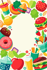 background with diffrent food items borders on white background. Vector illustration. big copy space in center  