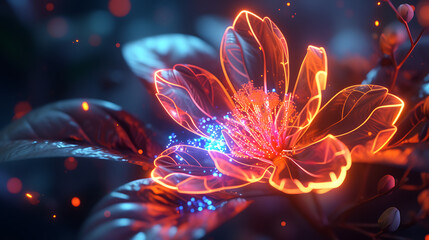 Mesmerizing 3D render of a neon-lit flower in a dark space, with petals formed by intricate geometric shapes