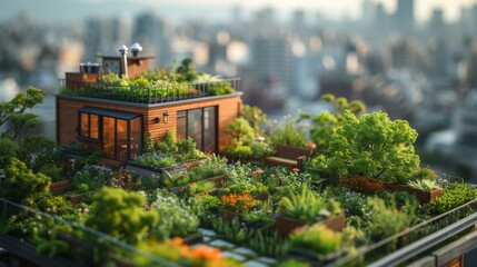 Rooftop Garden Oasis in the City, atranquil rooftop garden oasis in the midst of a bustling city, providing a green retreat with cityscape views. - obrazy, fototapety, plakaty