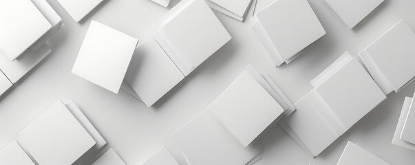 Minimal flat lay 3D render of a white geometric background, featuring a twisted deck of square blank cards with rounded corners. - obrazy, fototapety, plakaty