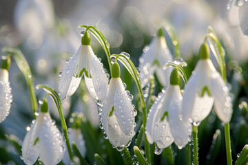 Dew-Adorned Snowdrops. The Beautiful Combination of Plants and Water.