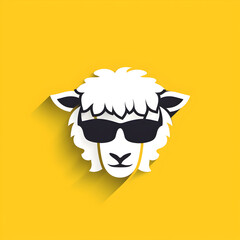 A logo illustration of a sheep wearing sunglasses on yellow background. Created with generative AI.