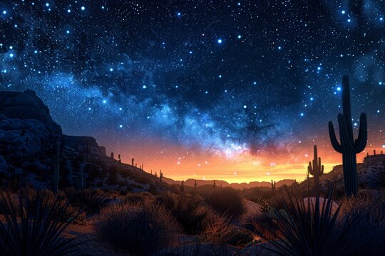 Starry night sky over a desert, with cactus silhouettes, peaceful nature landscape