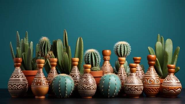 There are a lot of cacti in pots on a blue background.