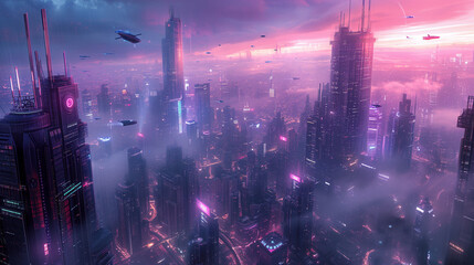 A futuristic cityscape, with towering skyscrapers and flying cars. The city is bathed in neon lights, creating a vibrant and otherworldly atmosphere. Well exposed photo