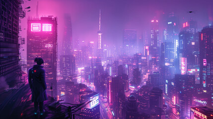 A futuristic cityscape, with towering skyscrapers and flying cars. The city is bathed in neon lights, creating a vibrant and otherworldly atmosphere. Well exposed photo