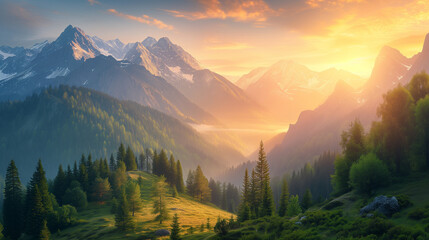 A stunning landscape of a mountain range, with snow-capped peaks and lush forests. The sun is setting, casting a golden glow over the landscape. Well exposed photo - Powered by Adobe
