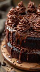 A close-up of a delicious-looking chocolate cake, with a rich, creamy frosting and a decadent ganache drizzle. Well exposed photo