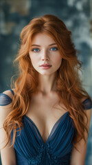 A beautiful young woman, a model wearing a long blu dress. The woman has long, red hair that falls to her shoulders. She has blu eyes. Well exposed photo