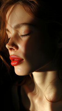 A dramatic portrait of a woman, her face illuminated by a single spotlight. Her eyes are closed, and her lips are parted in a soft smile. Well exposed photo
