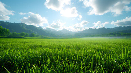 Green rice fields with clear skies