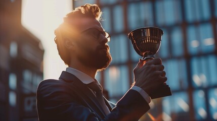 A triumphant businessman in a suit holds a golden trophy aloft, symbolizing his success and recognition as a top-performing employee or entrepreneur in a corporate setting. - obrazy, fototapety, plakaty