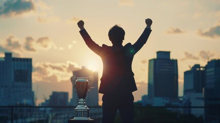 A triumphant businessman in a suit holds a golden trophy aloft, symbolizing his success and recognition as a top-performing employee or entrepreneur in a corporate setting.