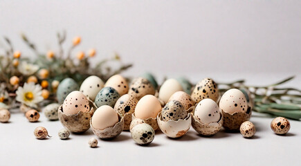 Creative layout floral pattern with quail eggs on white background. Easter minimal concept, copy space. - obrazy, fototapety, plakaty