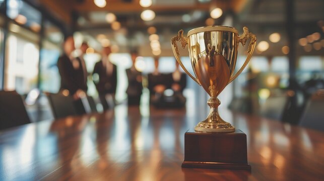 A triumphant businessman in a suit holds a golden trophy aloft, symbolizing his success and recognition as a top-performing employee or entrepreneur in a corporate setting.