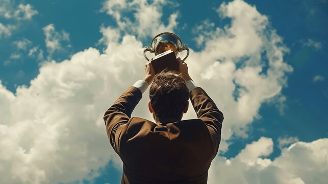 A triumphant businessman in a suit holds a golden trophy aloft, symbolizing his success and recognition as a top-performing employee or entrepreneur in a corporate setting.