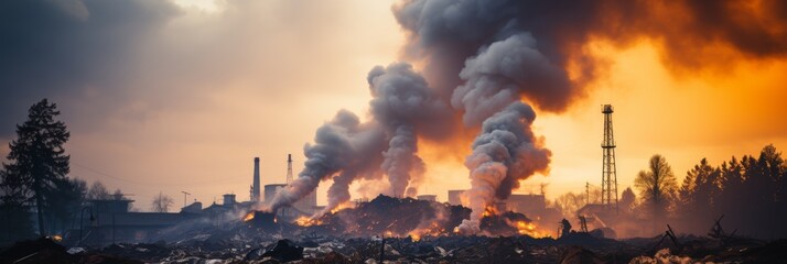 Air pollution and environmental problems. thick black smoke chimney, incineration of garbage waste - obrazy, fototapety, plakaty