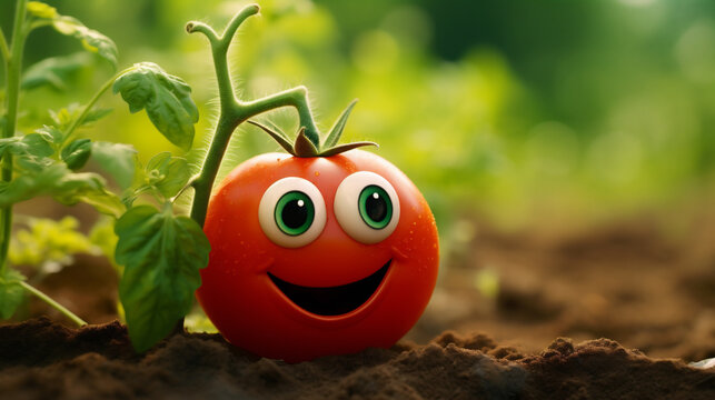 Lindo tomate feliz en el jard&iacute;n, ojos grandes, minimalismo.