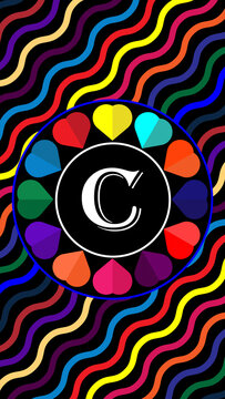 C letter in circle of colorful hearts with colorful wave pattern. Suitable for Modern Mobile Phone Wallpaper. 4k Mobile Wallpaper