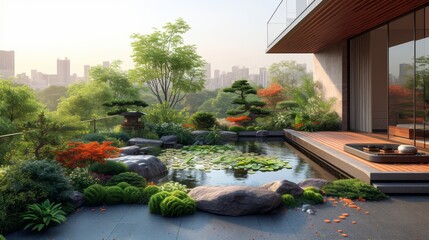Fototapeta premium Rooftop Garden Oasis in the City, atranquil rooftop garden oasis in the midst of a bustling city, providing a green retreat with cityscape views.