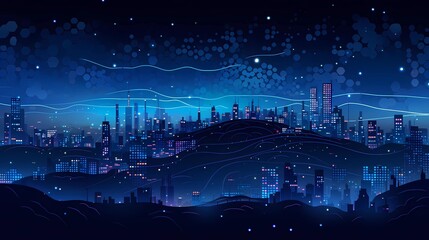 Dark blue backdrop of a night city viewed from a distance, a dark silhouette