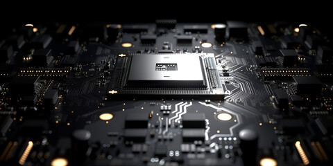 A fragment of computer hardware components Advanced processor chip on motherboard with dark black background.Ai Generative - obrazy, fototapety, plakaty