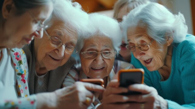 capturing the joyful curiosity of a group of elderly women from various cultural backgrounds, huddled together and smiling as they watch  a smartphone
