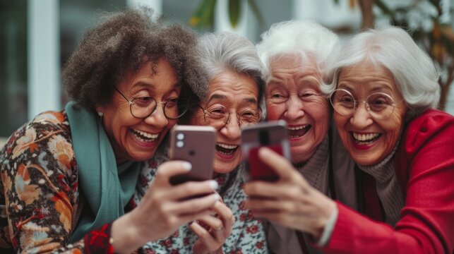 capturing the joyful curiosity of a group of elderly women from various cultural backgrounds, huddled together and smiling as they watch  a smartphone
