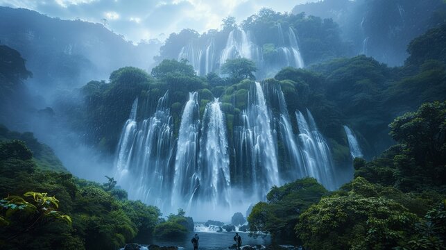 Waterfall in a tropical forest, high angle, rainy season, soft natural light, misty and fresh