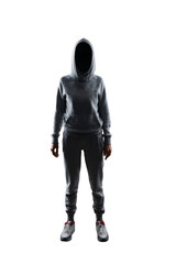 Figure in grey hoodie and joggers facing forward, isolated on a white background