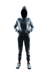 Anonymous person in hoodie with hands on hips, full body isolated on white