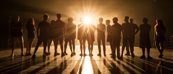 Amateur Theater Group Silhouetted on Stage, Collaboration and Artistic Expression Concept