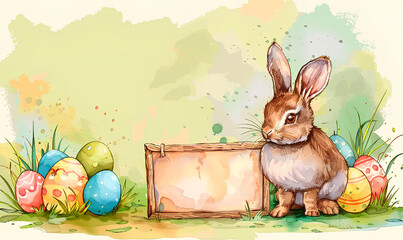 cartoon Easter greeting card with cute rabbit and easter eggs