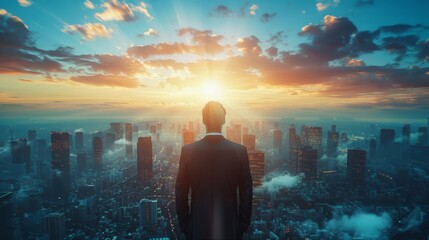 business man looking at the sun on city in the sky, immersive environments
