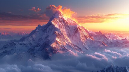 Snow-Covered Alpine Peaks at Sunset: A picturesque view of snow-capped alpine peaks bathed in the warm hues of a setting sun.  - obrazy, fototapety, plakaty