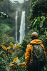 A backpacker man standing in front of big waterfall in the jungle