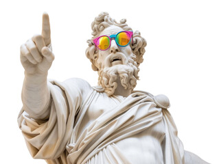 Ancient Greek statue pointing finger, wear colorful sunglasses