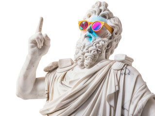 Ancient Greek statue pointing finger, wear colorful sunglasses