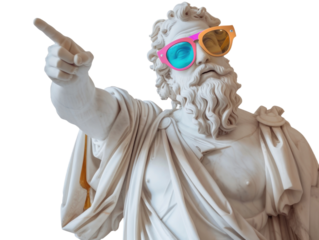 Ancient Greek statue pointing finger, wear colorful sunglasses
